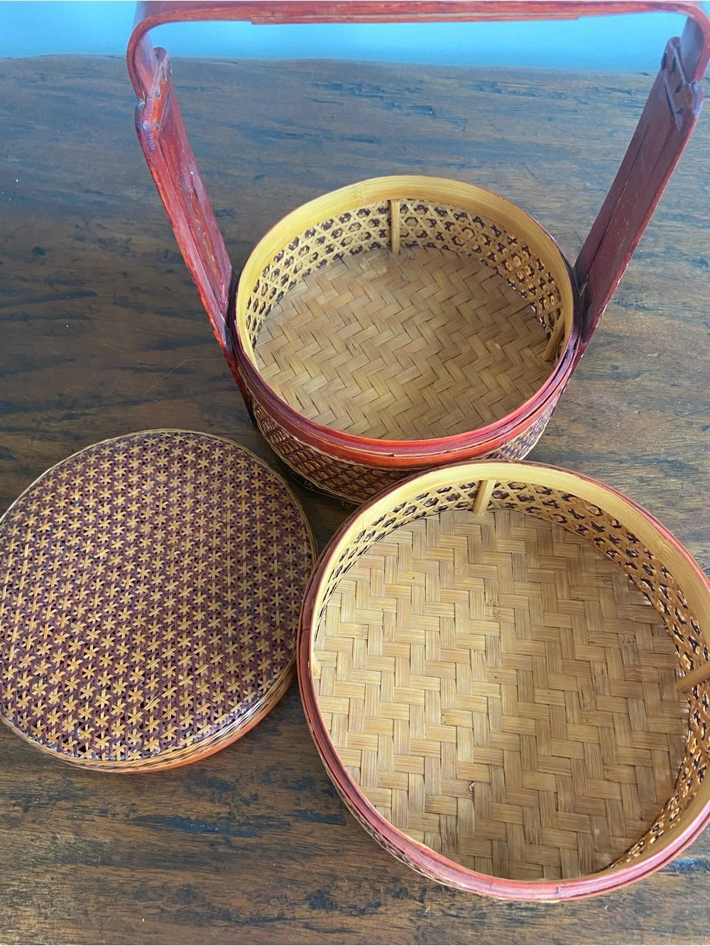 Handwoven Bamboo Stacking Basket with Handle - Red and Brown